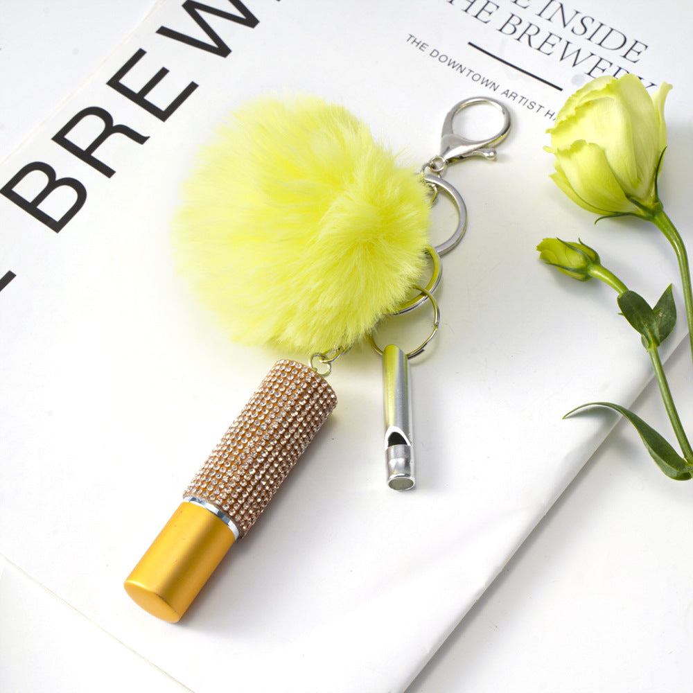 Wholesale Fur Ball Rhinestone Perfume Bottle Whistle Combination Keychain